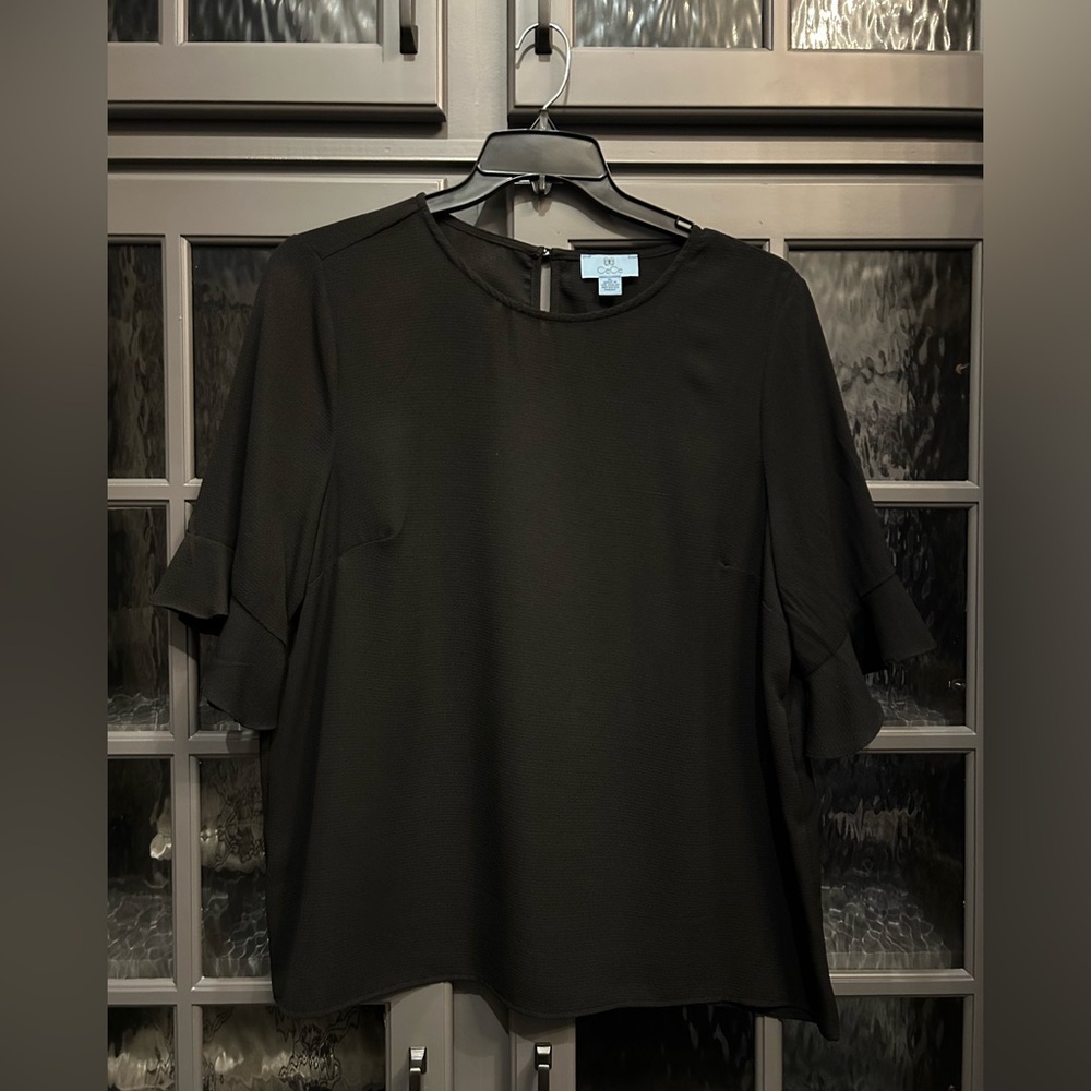 CeCe Georgette Black Ruffle Sleeve Blouse